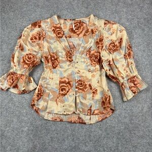 Free People Rose Print Blouse in Cream and Brown